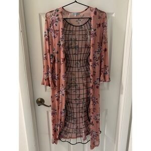 Sweet Rain Floral Open Front Mesh Duster Kimono Cardigan Sz L Cottagecore Boho
